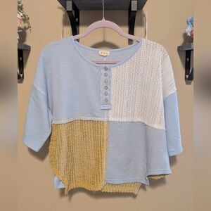 POL Light Blue, White, & Mustard Patchwork Cropped Top Mid-Sleeve Oversized